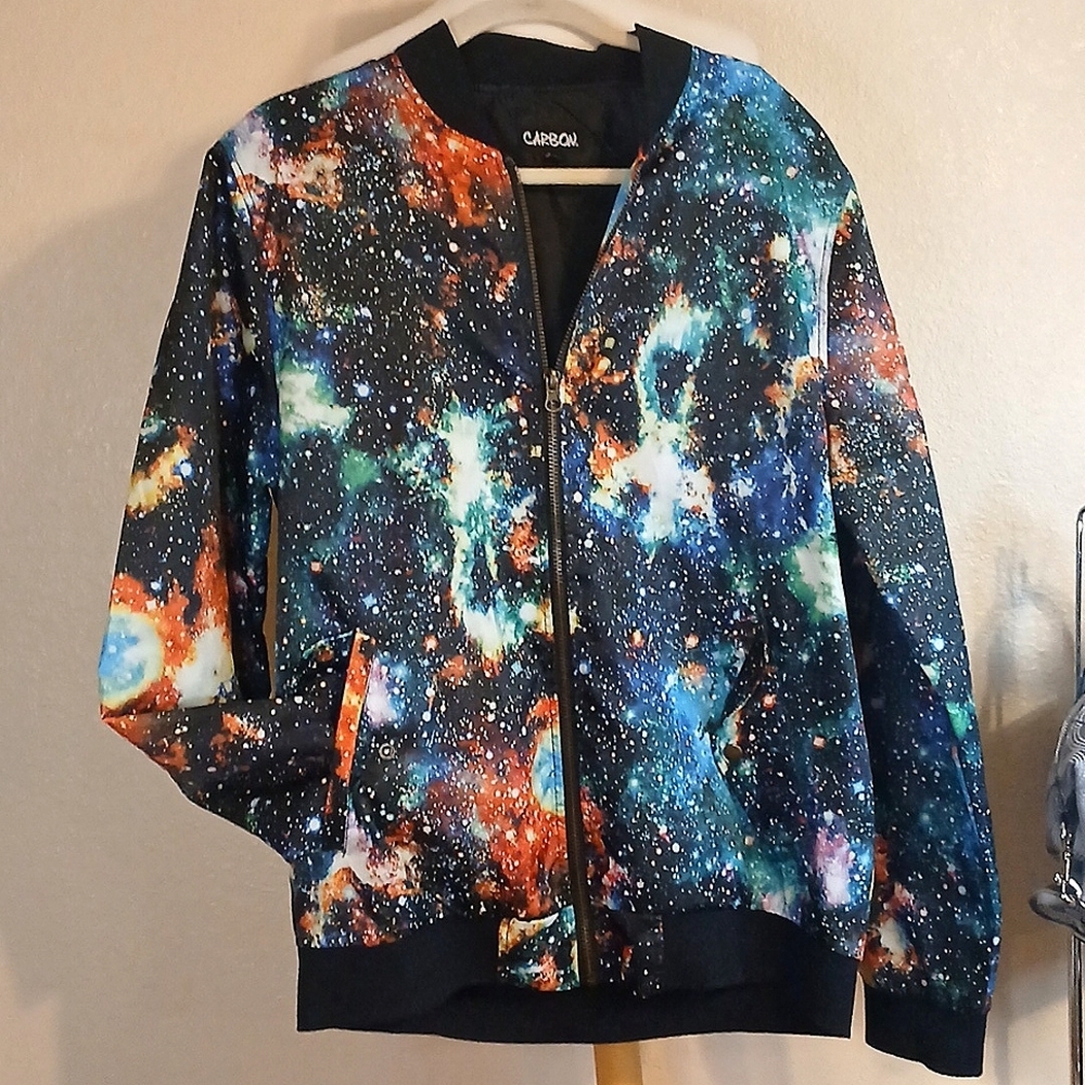 Carbon Galaxy Print Bomber Jacket in Blue, Black, Orange, Green